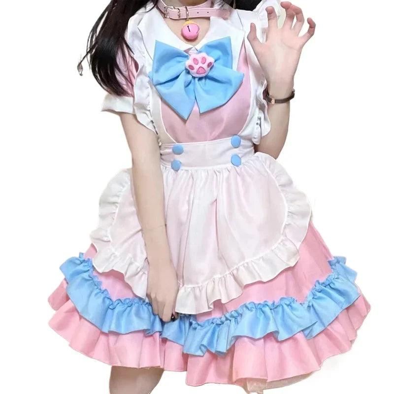 Pastelowa Sukienka Maid Kawaii – Różowo-Niebieska z Kocią Kokardką