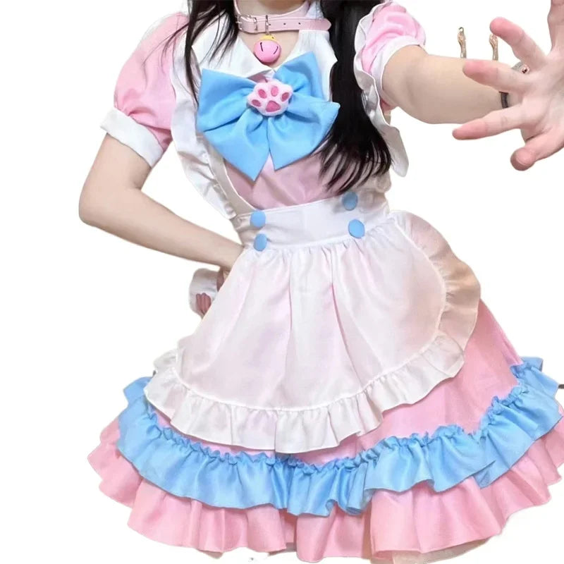 Pastelowa Sukienka Maid Kawaii – Różowo-Niebieska z Kocią Kokardką