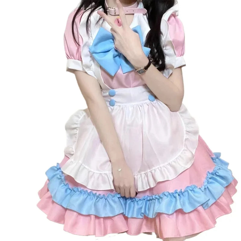 Pastelowa Sukienka Maid Kawaii – Różowo-Niebieska z Kocią Kokardką